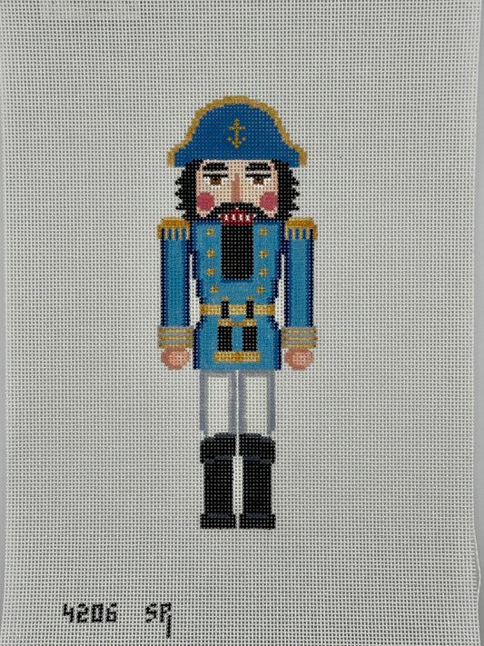 susan roberts blue sea captain nutcracker canvas, 18 mesh, 6.5" high lying flat on white background
