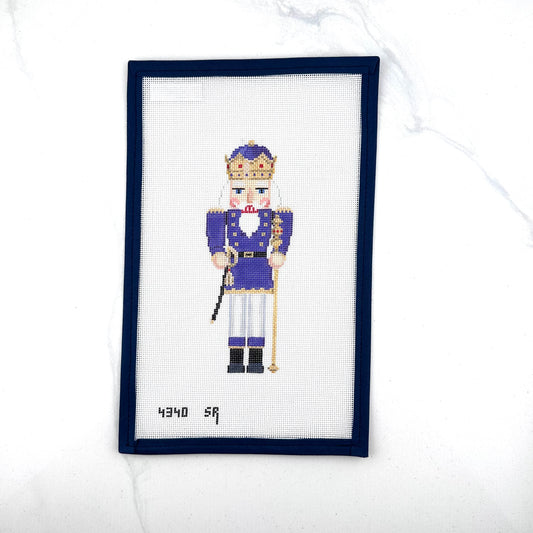 susan roberts purple king nutcracker canvas, 18 mesh, 6" high lying flat on white background