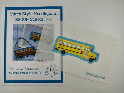 A 18 mesh needlepoint canvas featuring a yellow school bus with black wheels and a blue shadow, on a white background with the Stitchstyle logo in the bottom right corner. Shown with stitch guide.