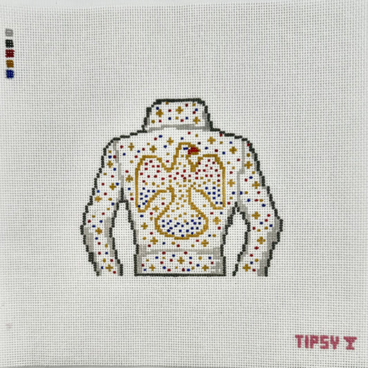 18  mesh The King needlepoint canvas featuring white elvis style jacket and with red, gold, silver and blue sparkle to look like rhinestones outlined with gold stitching on a white fabric background. The text 'TIPSY' appears in red at the bottom right.