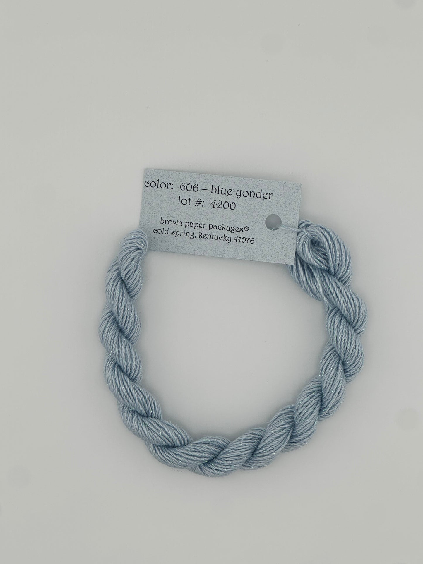 30 yard skein of Stardust Silk and Ivory needlepoint thread in Blue Yonder 606, with light blue label lying flat on white background