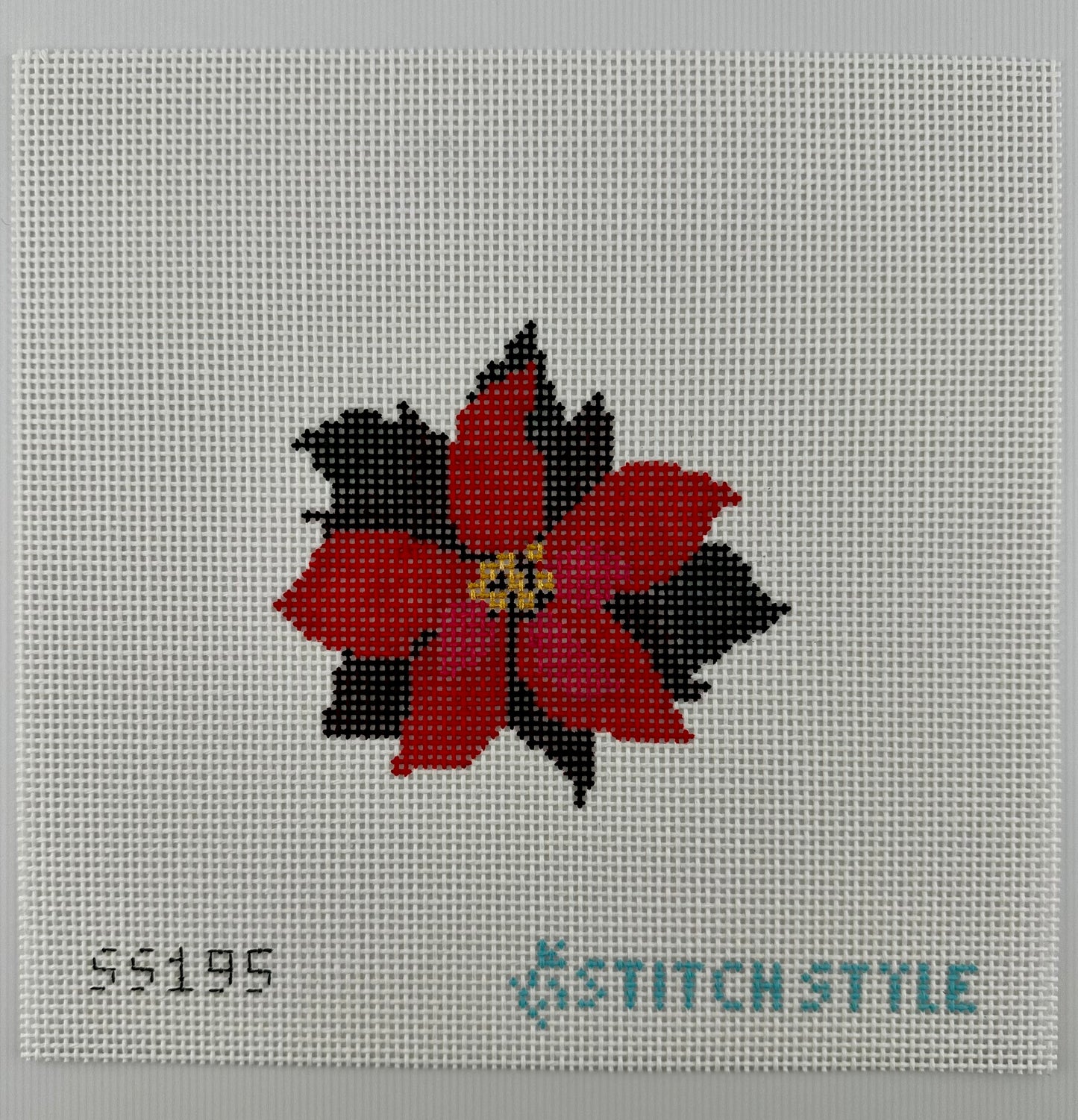 13 mesh needlepoint canvas featuring a red poinsettia flower on a white background. The text 'SS195' appears in black at the bottom left, and 'STITCH-STYLE' is printed in teal at the bottom right.