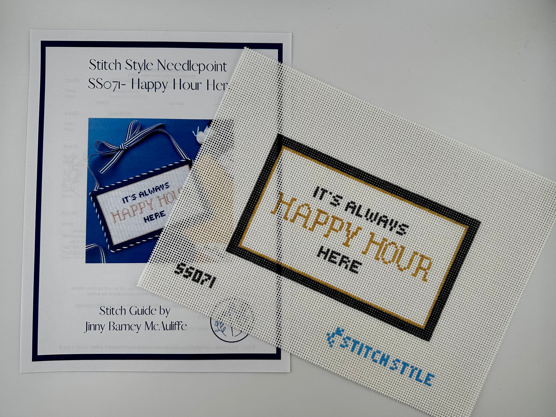Stitch Style Needlepoint SS027 Happy Hour needlepoint canvas and stitch guide by Jenny Harney McMillan, displayed on a white background.