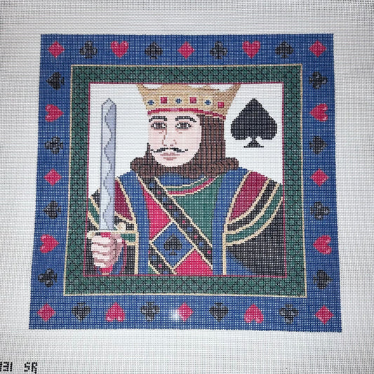 susan roberts king of spades needlepoint canvas, 13 mesh, square 14" x 14" lying flat on white background
