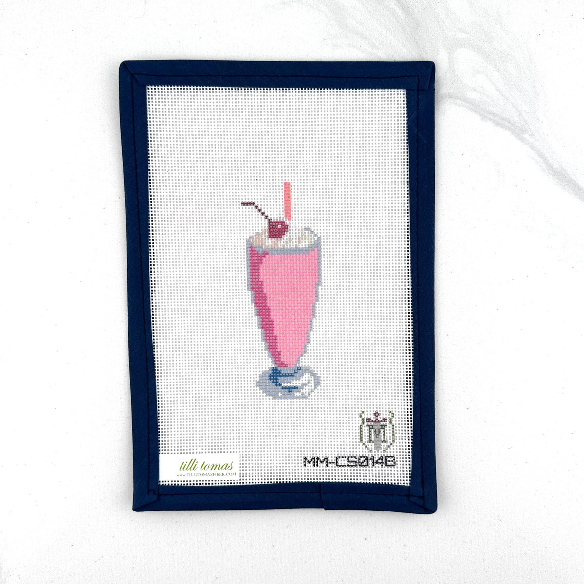 strawberry milkshake needlepoint canvas by misty morrow on 18 mesh 1.5" x4" lying flat on white background
