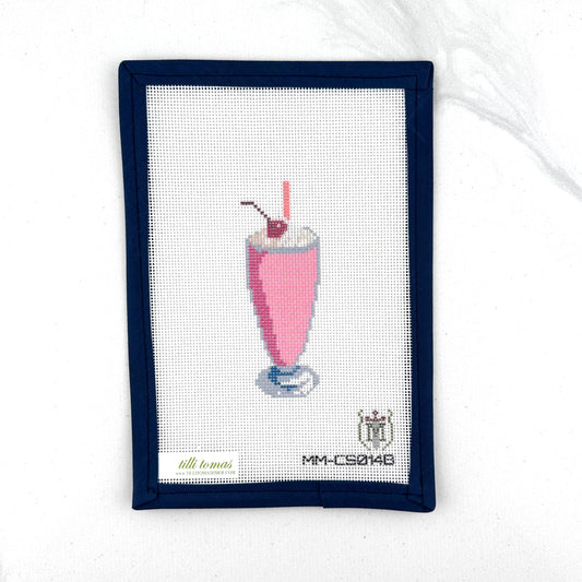 strawberry milkshake needlepoint canvas by misty morrow on 18 mesh 1.5" x4" lying flat on white background
