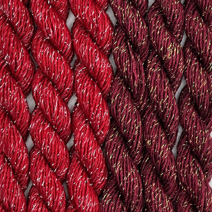 close-up of 6 skeins of Stardust Silk and Ivory needlepoint thread in  bordeaux 543 and ramblin rose 664 reds, lying side by side.