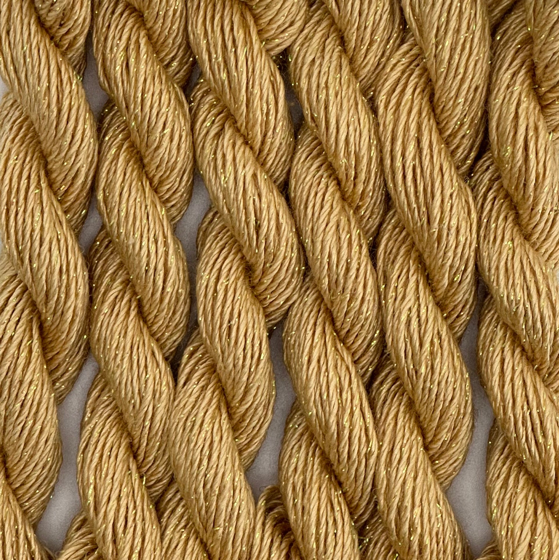 close-up of 6 skeins of Stardust Silk and Ivory needlepoint thread in toast 712, lying side by side.